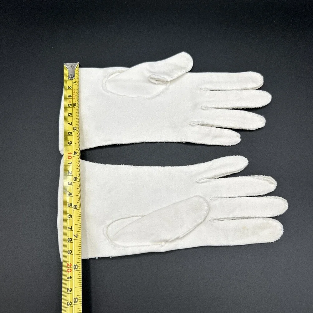 Vtg Womens Cotton Gloves Beaded Wrist Length  Sz 7 White Faux Pearl Embellished